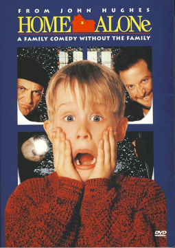 The movie poster for Home Alone, featuring a dark blue background. The central image shows the young character Kevin McCallister (Macaulay Culkin) with a terrified expression, screaming with his mouth open and both hands pressing against his cheeks. Behind him are two window panes; the left pane shows the character Marv with a menacing look, and the right pane shows the character Harry smiling mischievously. The title "HOME ALONE" is displayed at the top in yellow letters, with a small red house icon replacing the letter "e" in "Home". Above the title, text reads "FROM JOHN HUGHES," and below the title is the tagline "A FAMILY COMEDY WITHOUT THE FAMILY".