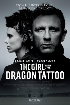Movie poster for 'The Girl with the Dragon Tattoo' starring Daniel Craig and Rooney Mara. The poster features a stark black and white design with two faces in profile - a woman with distinctive spiky black hair, multiple ear piercings, and dark makeup facing left, positioned back-to-back with a man with short hair and stubble facing right. Text at the top reads 'FROM THE INTERNATIONAL BEST-SELLING TRILOGY.' The actors' names appear above the title in white text. The movie title is displayed prominently in large white letters in the center. At the bottom is a moody landscape showing a distant house or estate.