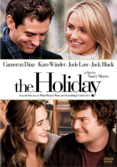 Here's alt text for this image:  "Movie poster for 'The Holiday' divided into two sections. The top half shows a dark-haired man in a plaid scarf looking down while smiling, standing next to a blonde woman in a cream turtleneck sweater who is smiling at the camera. The movie title 'the Holiday' appears in large black serif font in the center. The bottom half shows a brunette woman in gray and a dark-haired man in a burgundy shirt facing each other and smiling, appearing to be in conversation in an indoor setting with bookshelves visible in the background."
