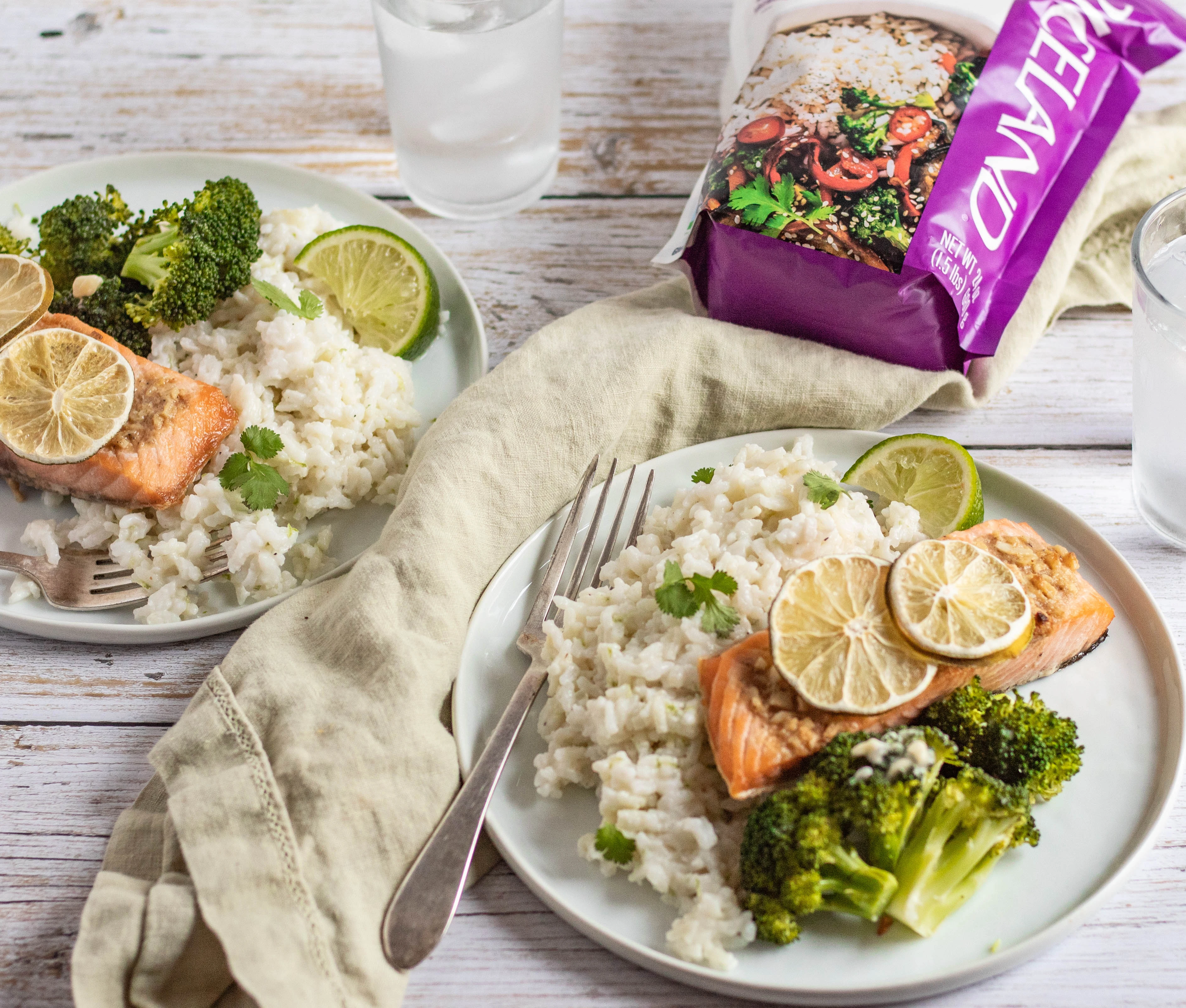 Lime Scented Salmon with Coconut Rice and Broccoli dish