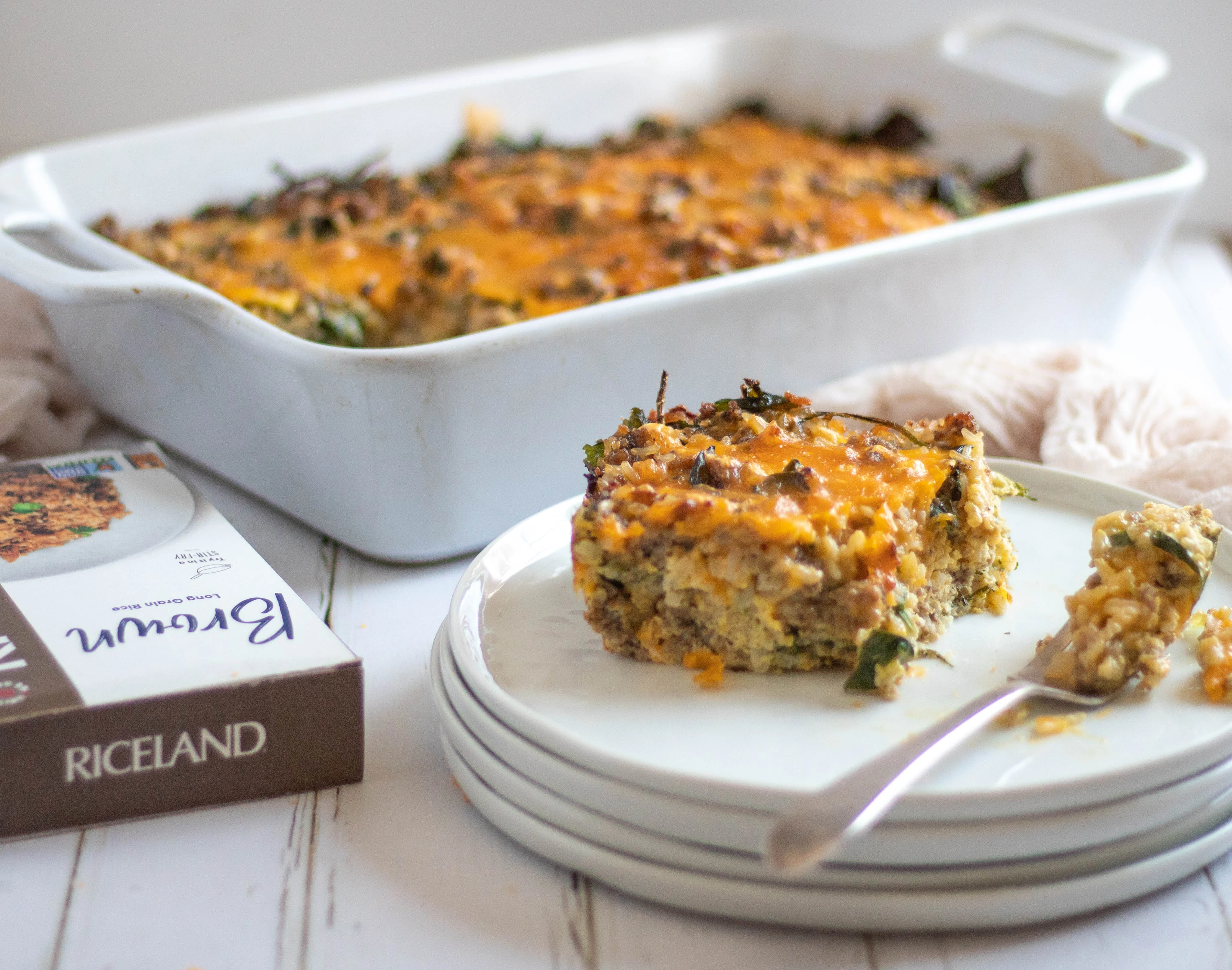 Sausage Spinach and Brown Rice Breakfast Casserole dish