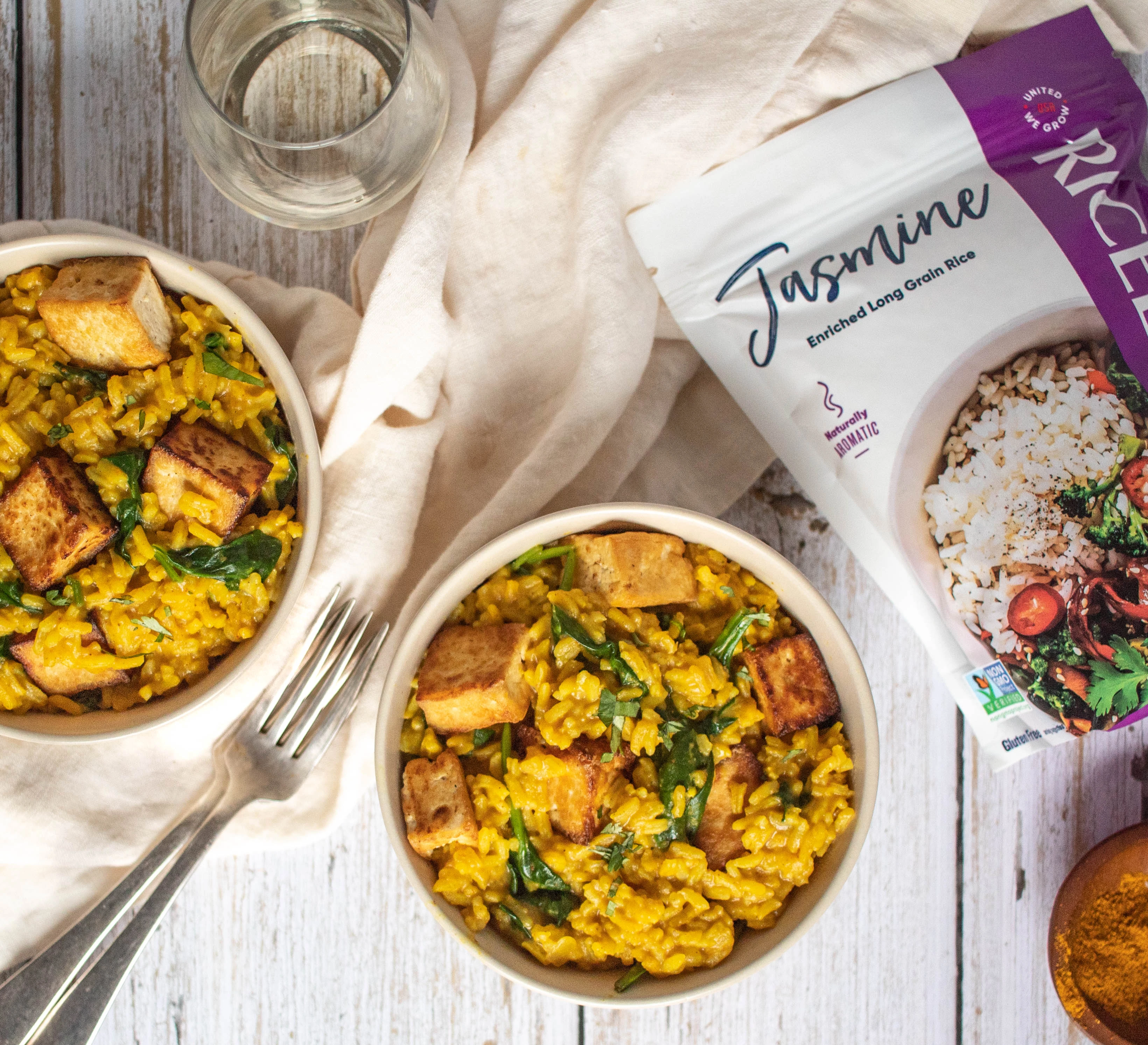 Coconut Curry Rice Bowl with Crispy Tofu and Spinach dish