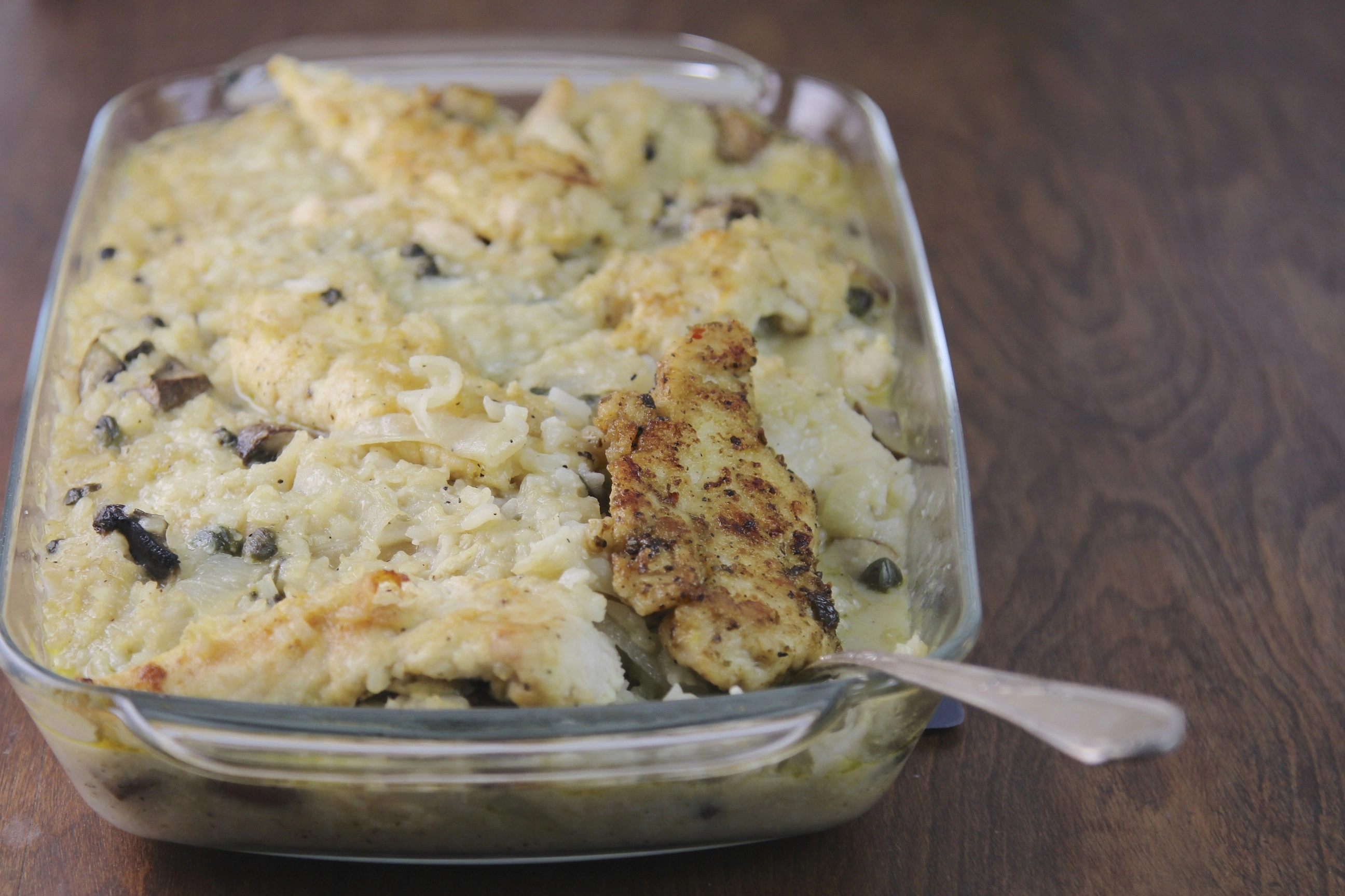 Baked Chicken Marsala and Rice Casserole dish