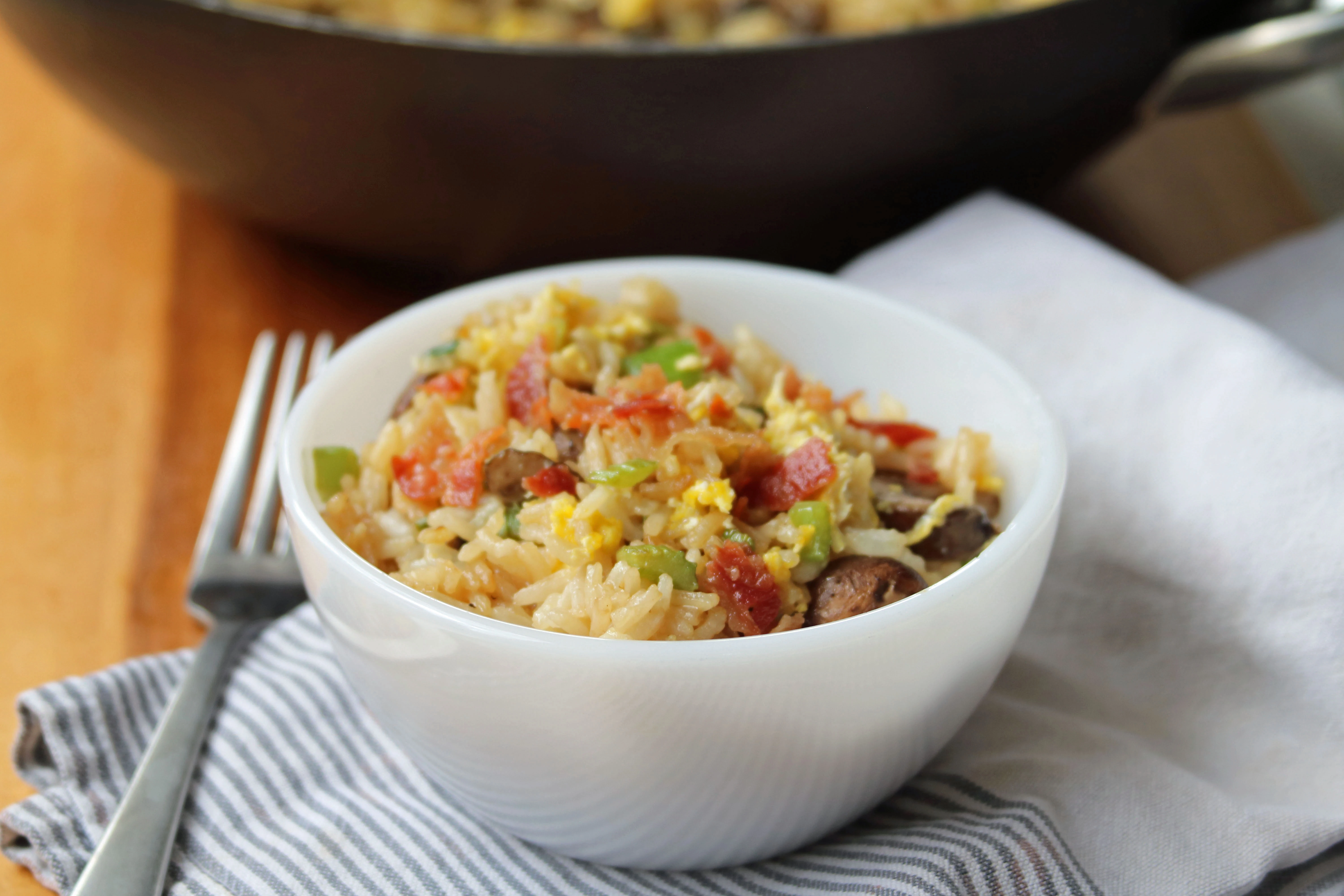 Chinese Fried Rice with Bacon & Mushrooms dish