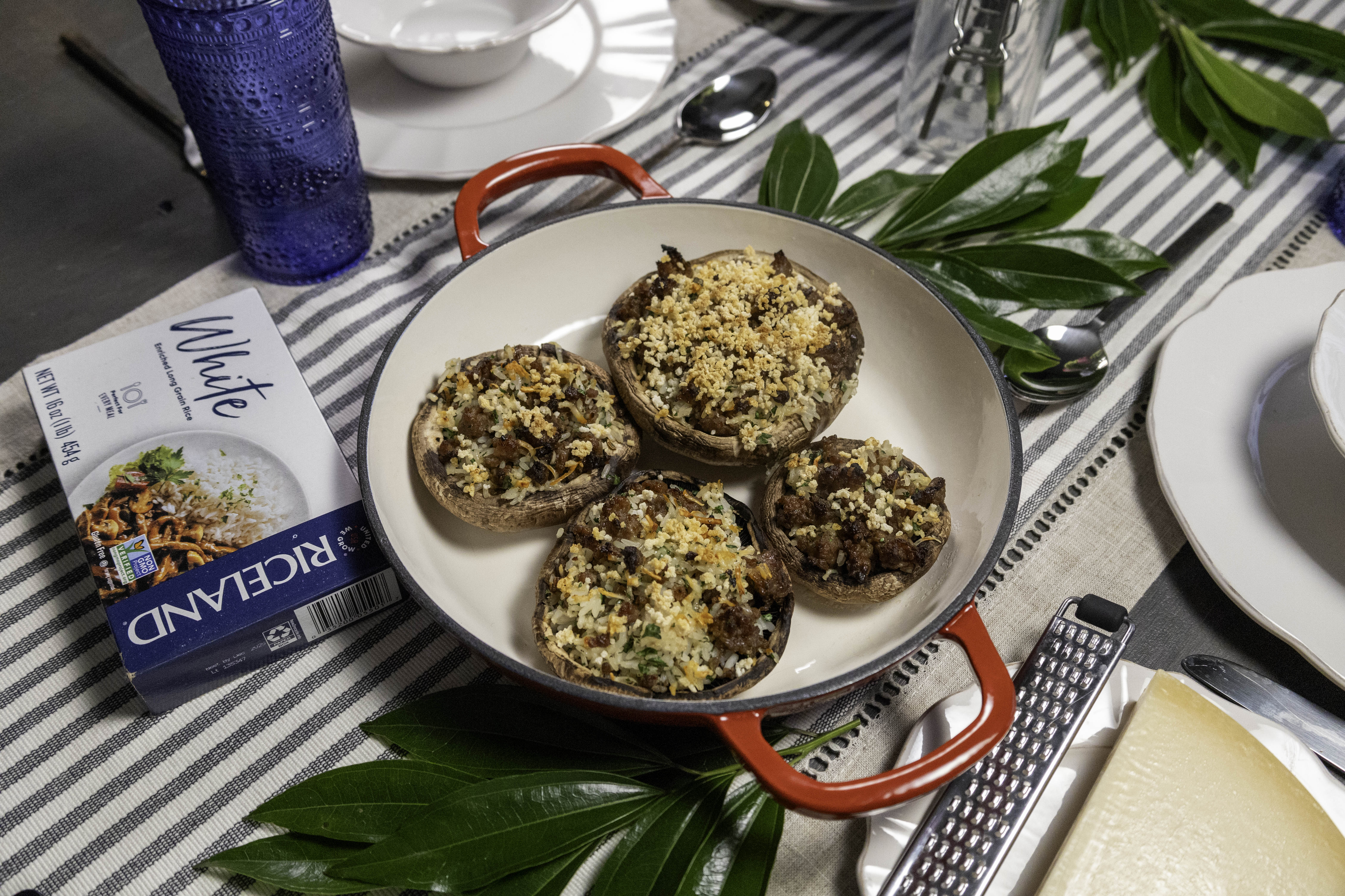 Plated rice-stuffed mushrooms