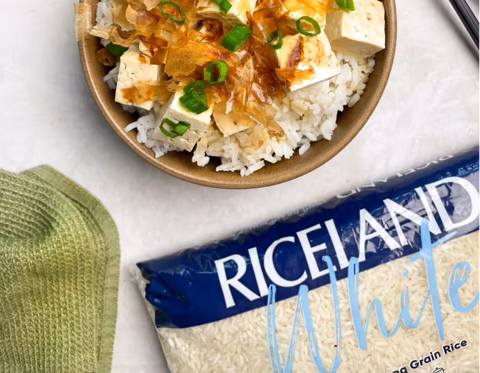 A bowl of rice and tofuAI-generated content may be incorrect.