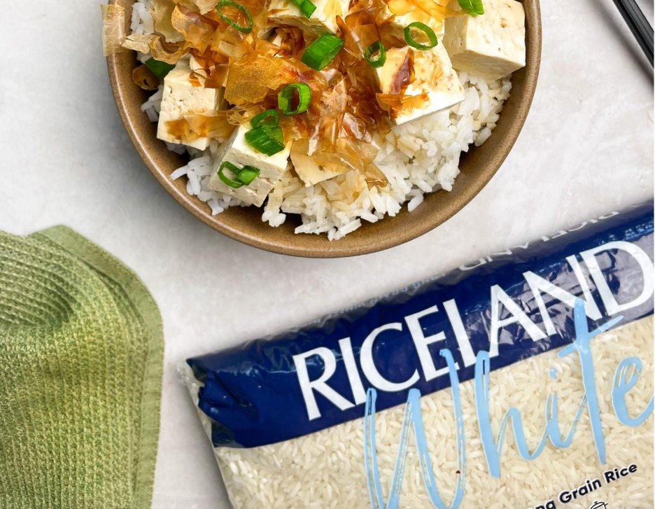 A bowl of rice and tofuAI-generated content may be incorrect.