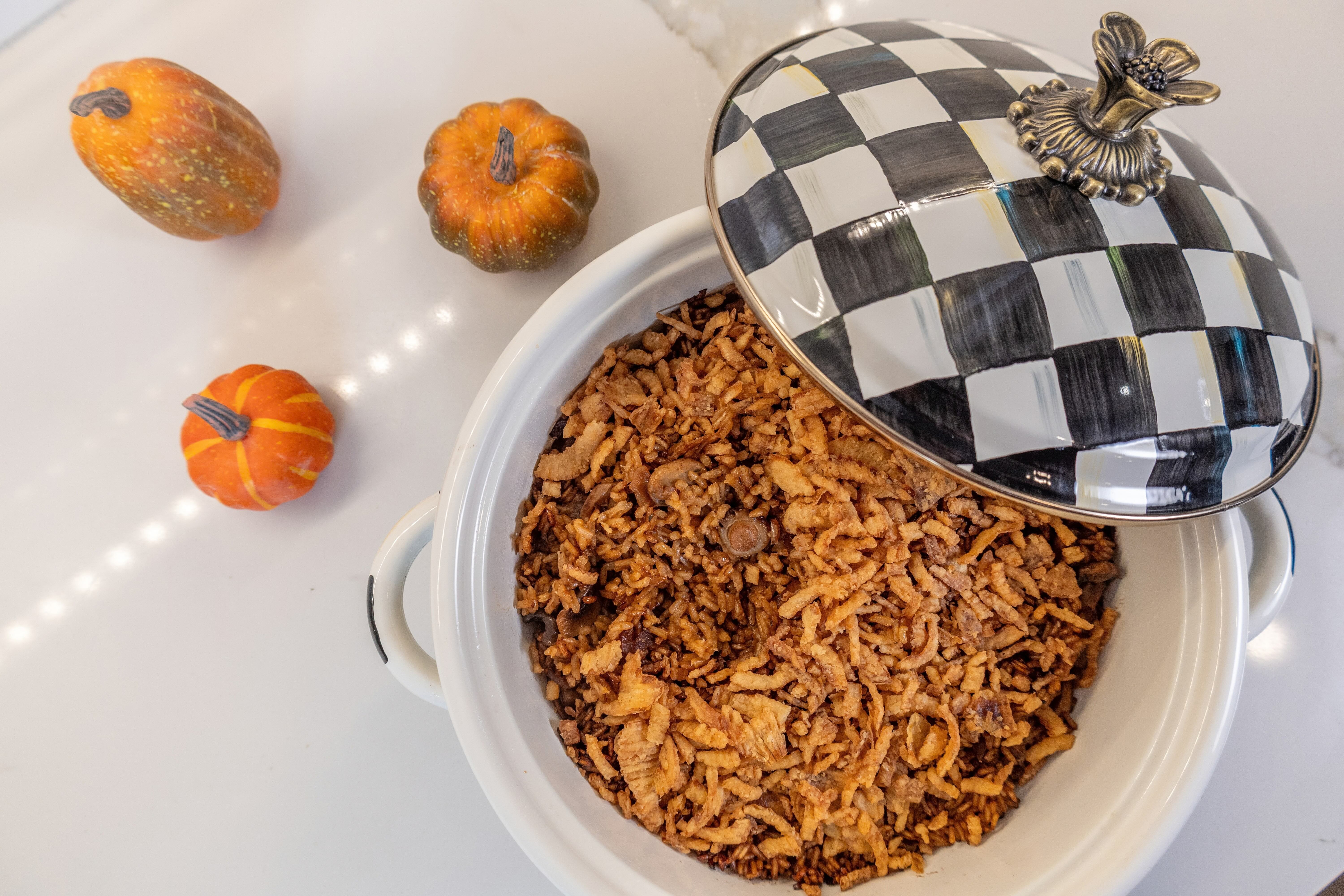 Mushroom and onion crispy rice bake