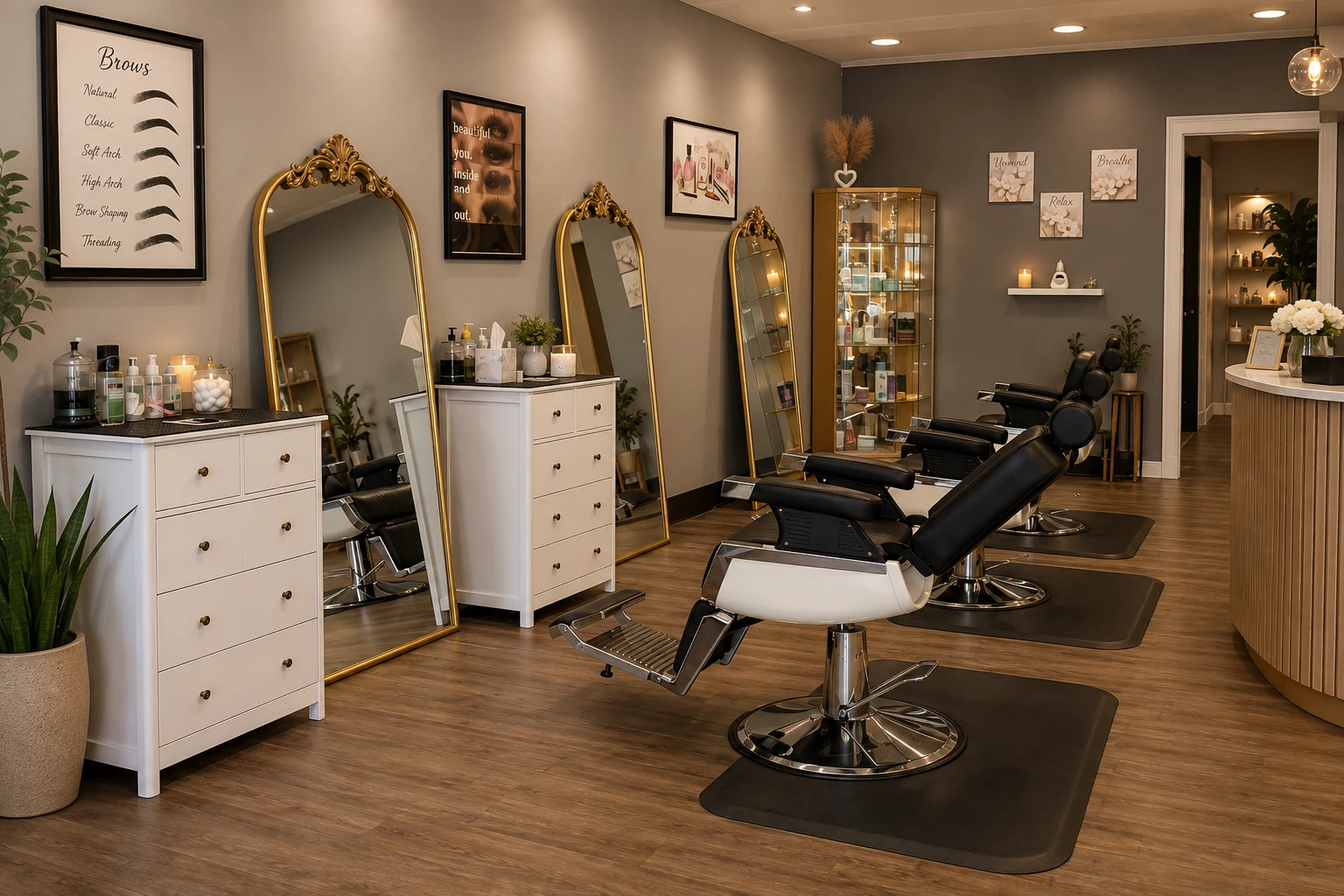 Modern salon interior with salon chairs, large mirrors, white dressers, and beauty products inside glass display case.