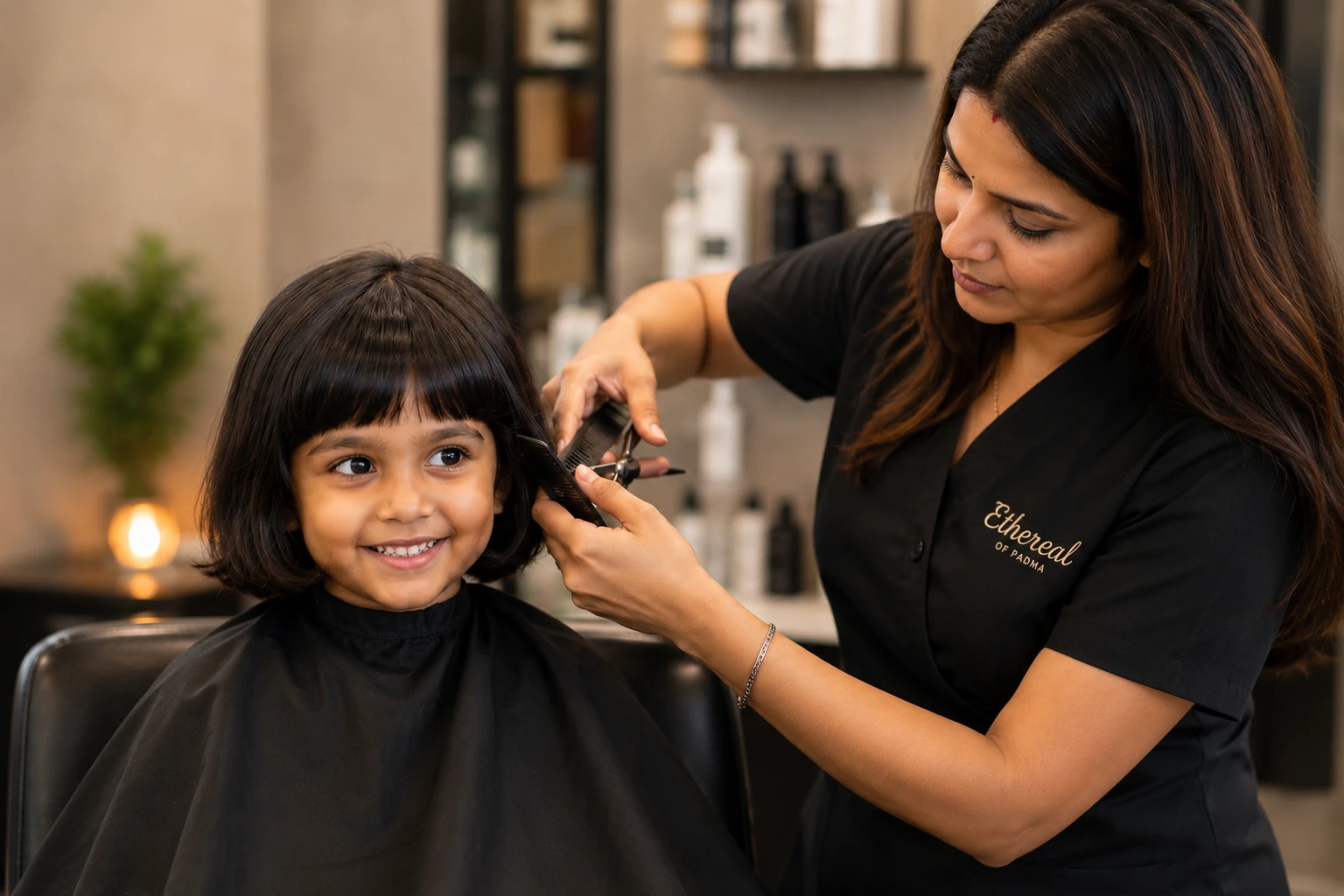 Smiling young girl getting a haircut from a hairdresser in a salon.