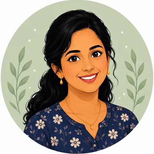 Illustration of a smiling woman with dark hair wearing a blue floral top and gold jewelry against green leaves.