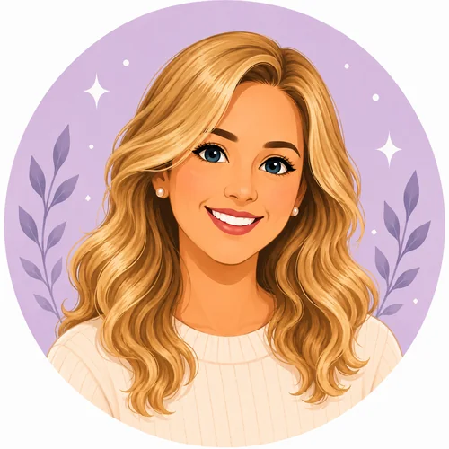 Illustration of a smiling woman with long blonde hair, blue eyes, and pearl earrings on a purple background.