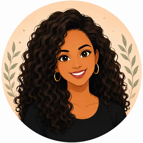 Illustration of a smiling woman with curly dark hair, wearing gold hoop earrings and a black top.