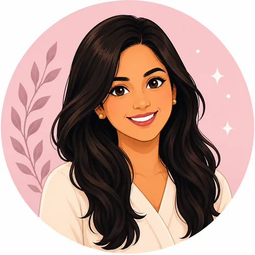 Illustration of a smiling woman with long dark hair, wearing pearl earrings and a white top.