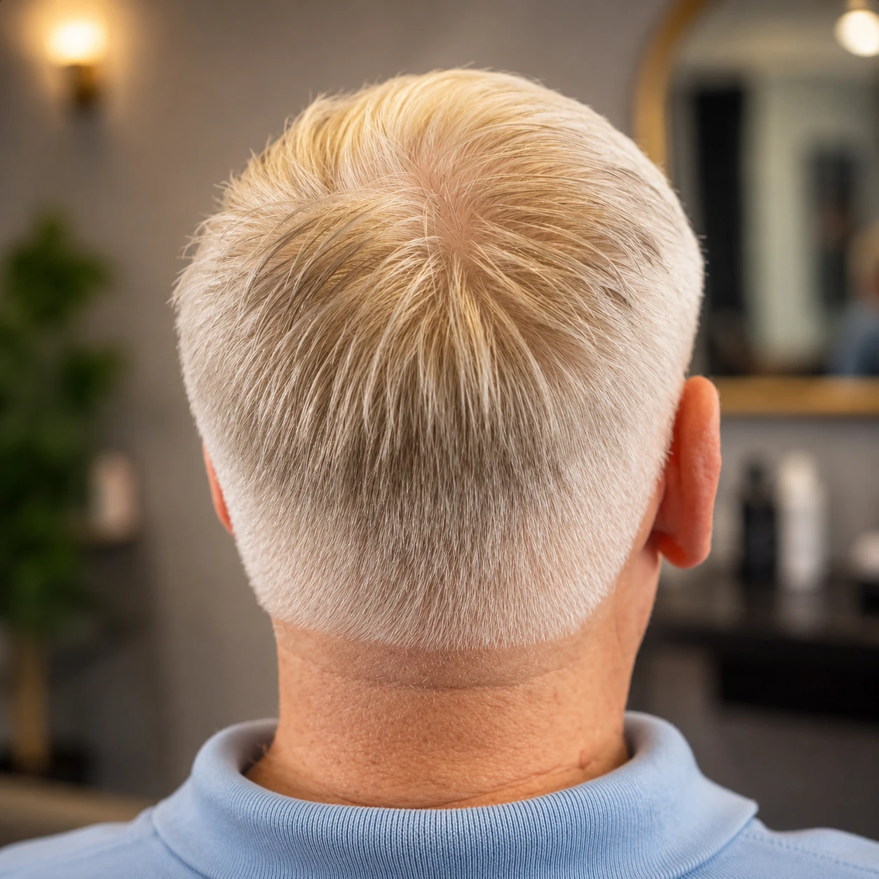 Short blonde haircut and fade at Ethereal of Padma