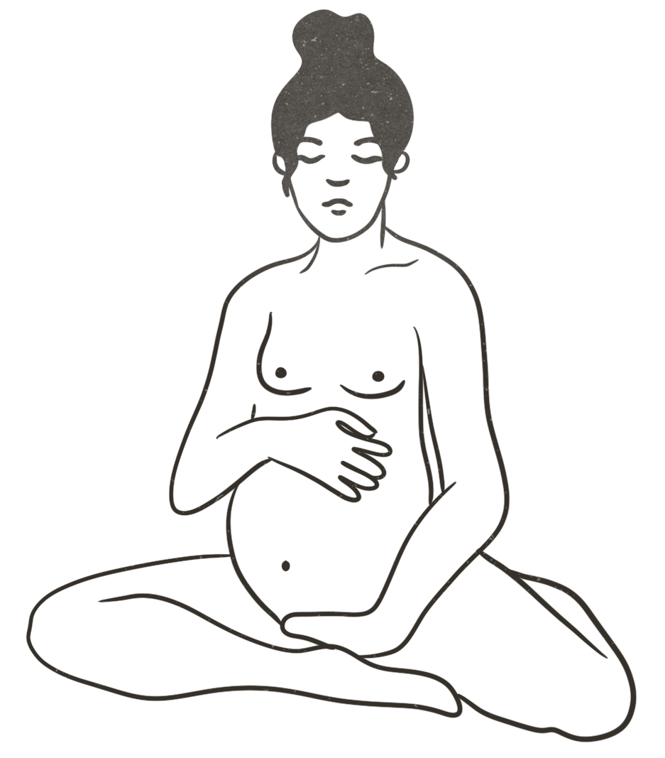 A illustration of a pregnant women sitting down and holding her belly