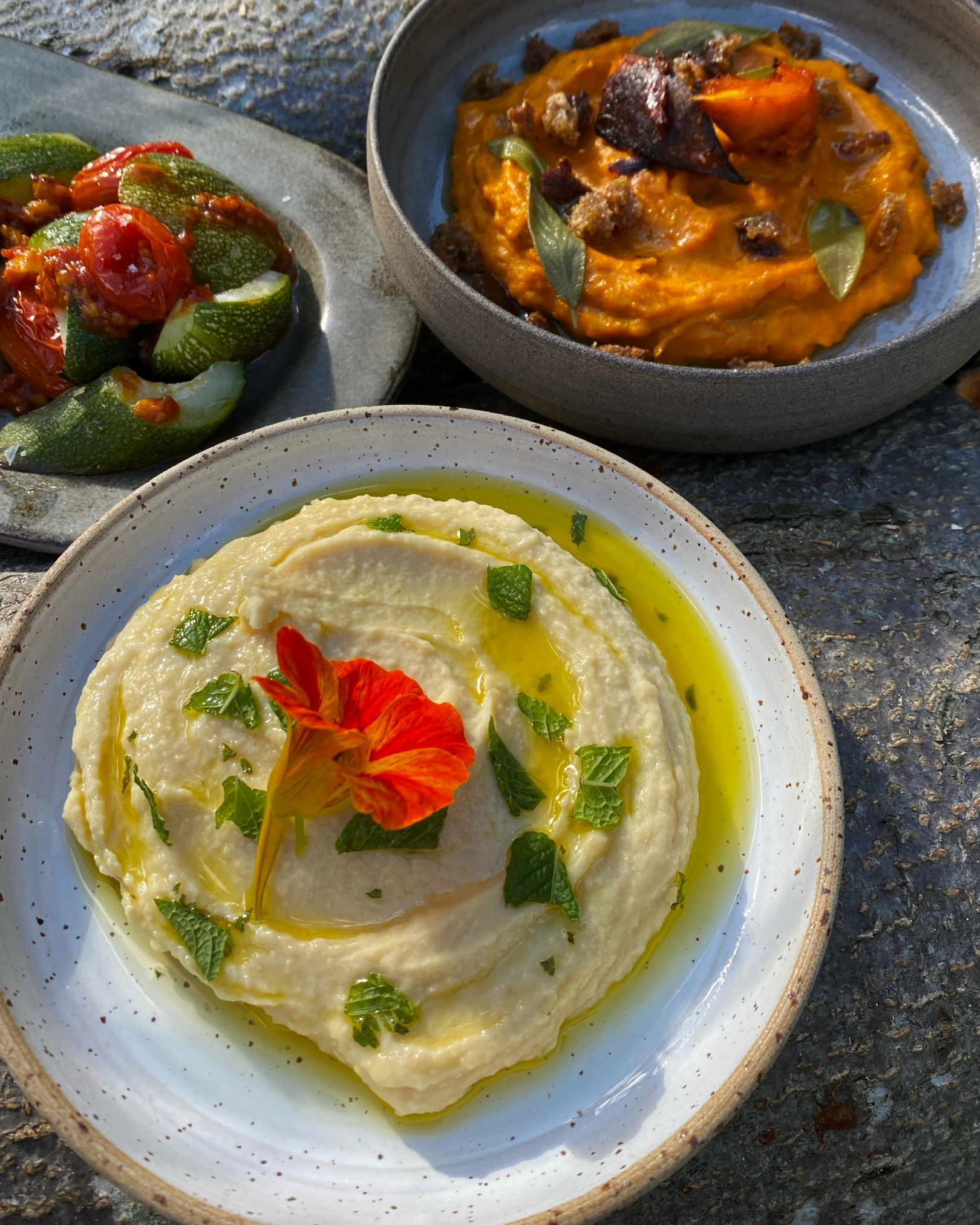 Plats of food, hummus, beetroots.