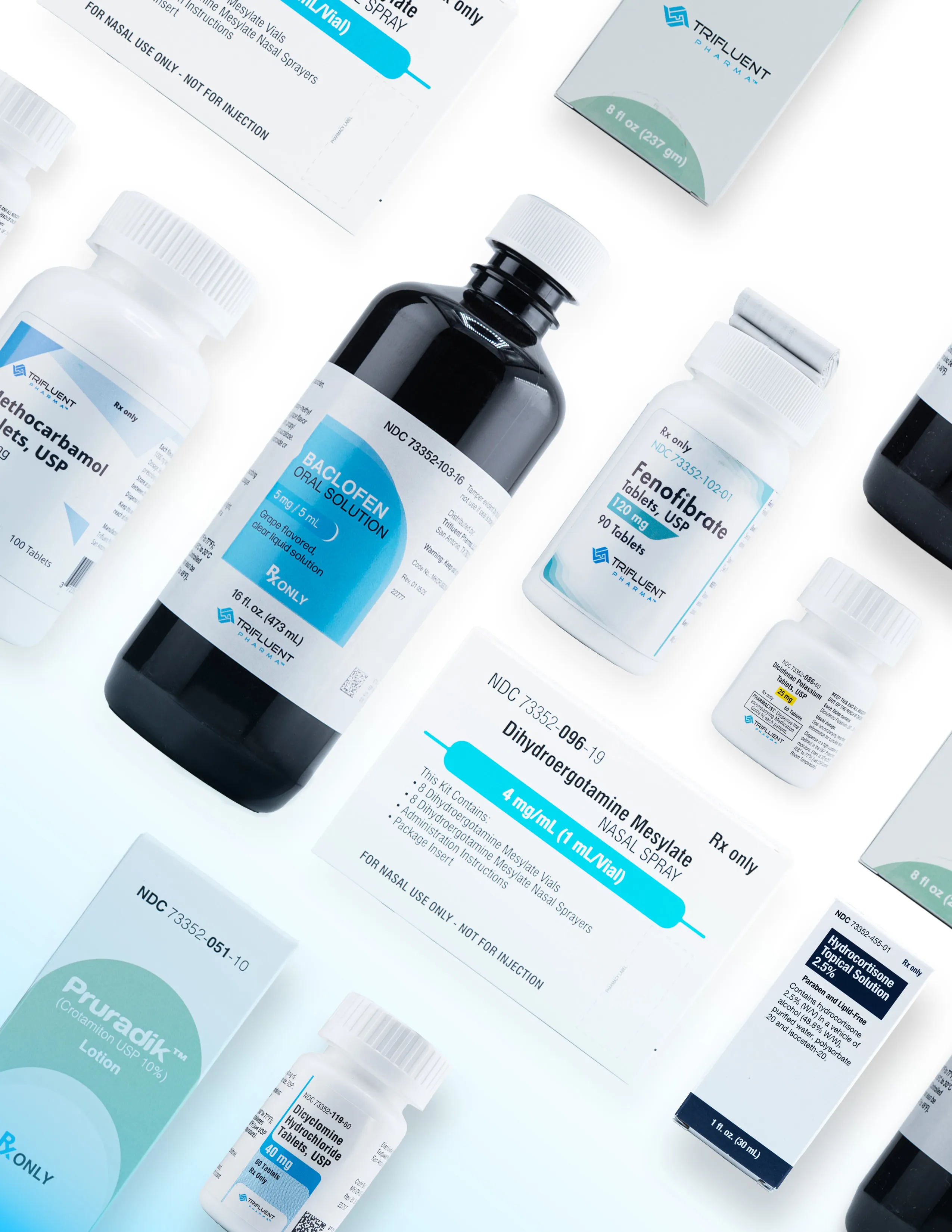 An assortment of Trifluent Pharma cartons, bottles and nasal spray kits arranged in a flat lay