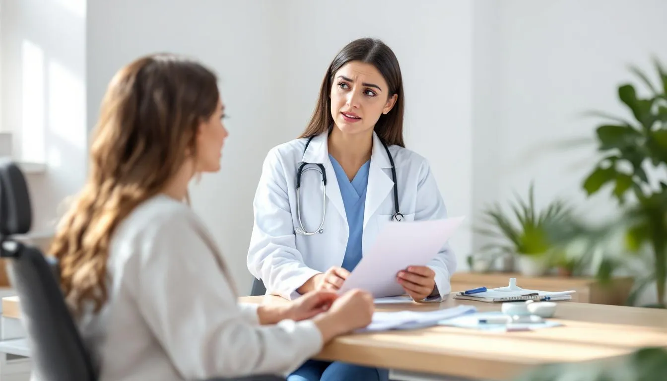 Doctor in a mask gently examining a smiling young girl in a medical office