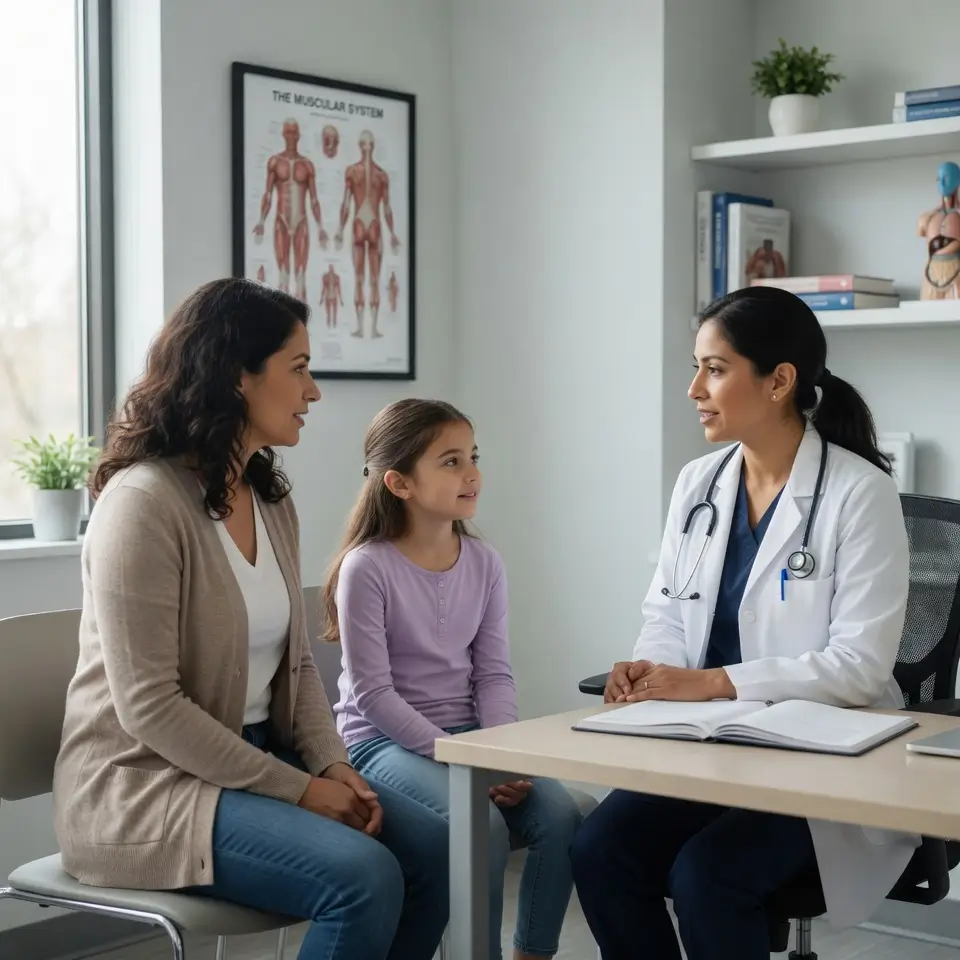 Nurse in blue scrubs talking with a patient in a medical waiting room