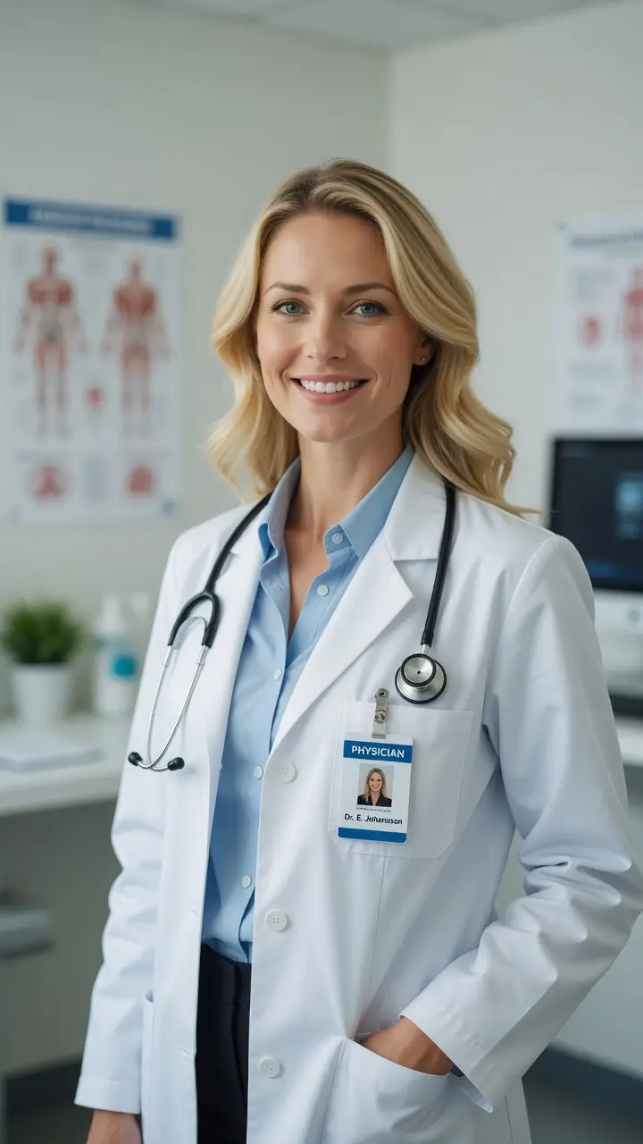 Smiling woman with curly hair in a bright room