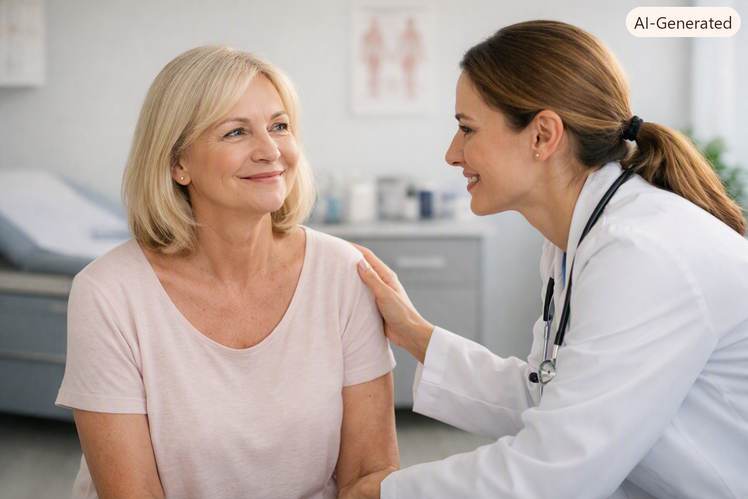 Doctor in a mask gently examining a smiling young girl in a medical office