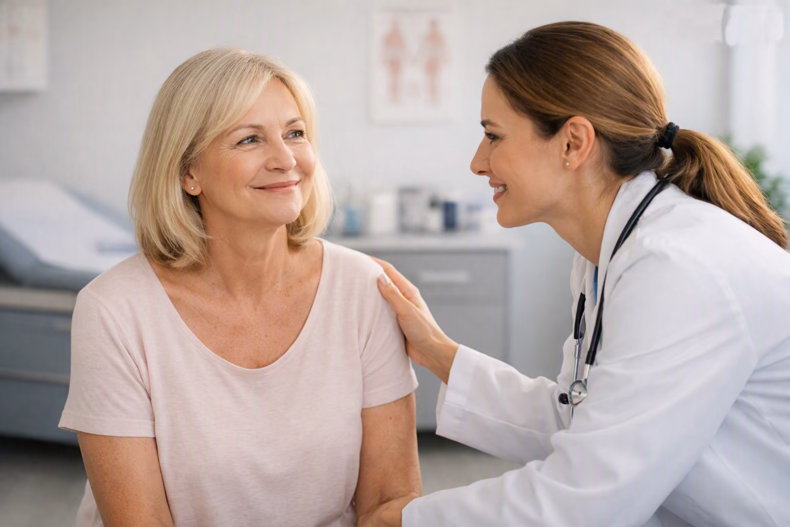Doctor in a mask gently examining a smiling young girl in a medical office