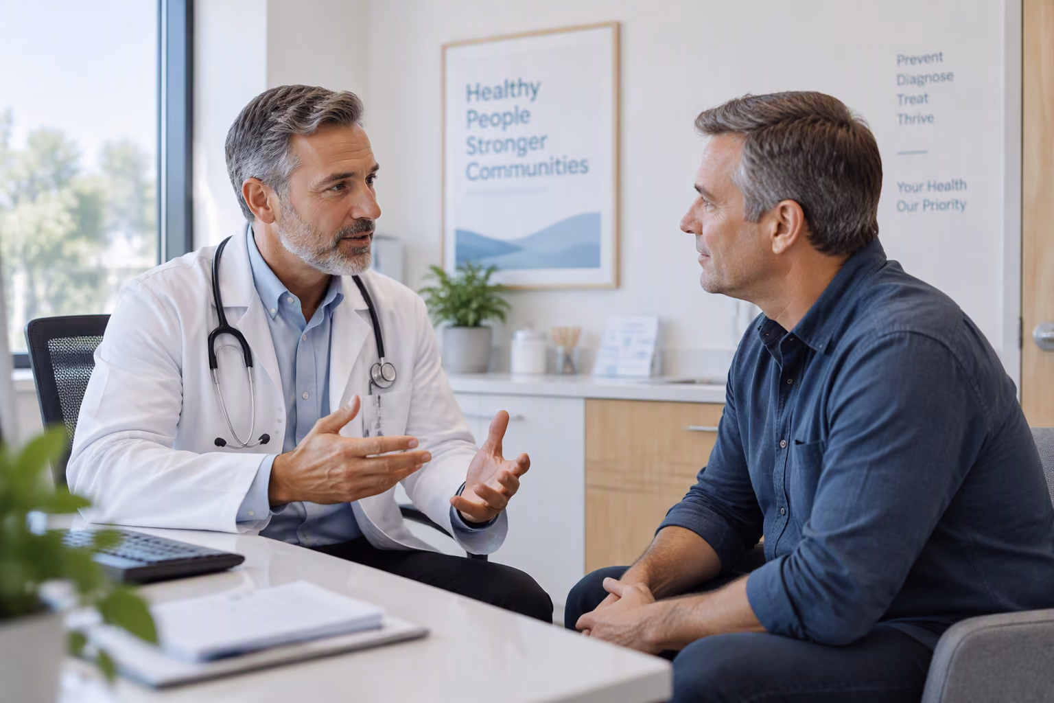 Family physician talking with a middle-aged male patient during a well-man exam consultation