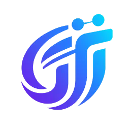 Abstract blue and purple stylized logo with two dots and curved lines.