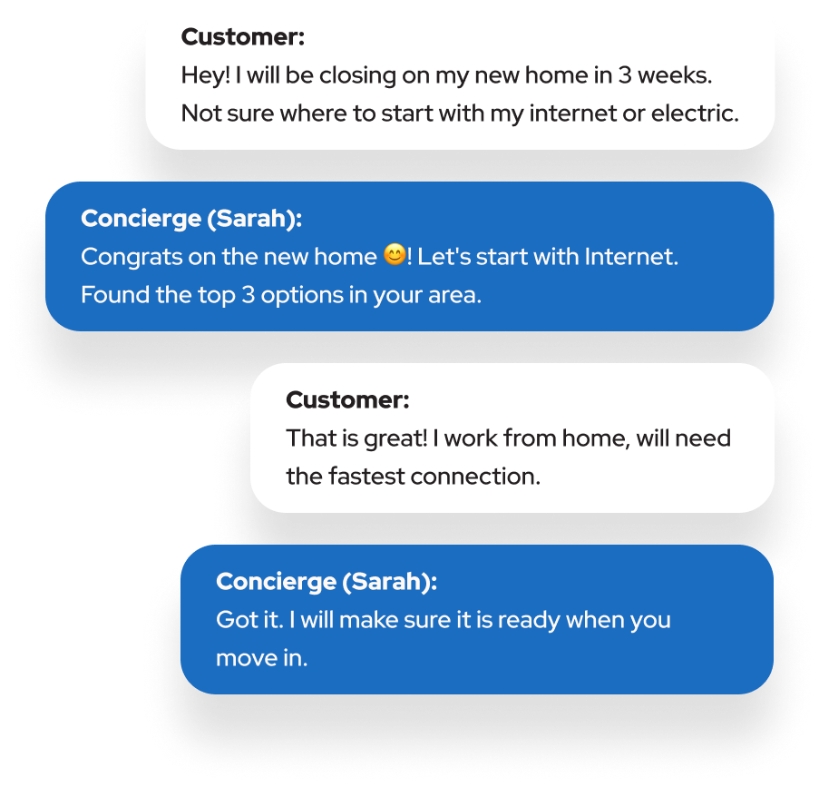 Message dialogue between the customer and the concierge, Sarah.