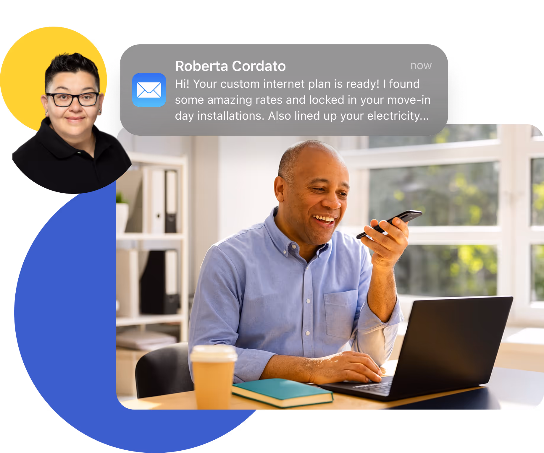 Man holding phone in one hand while also looking at computer. Headshot of Roberta Cordato with email attached. 