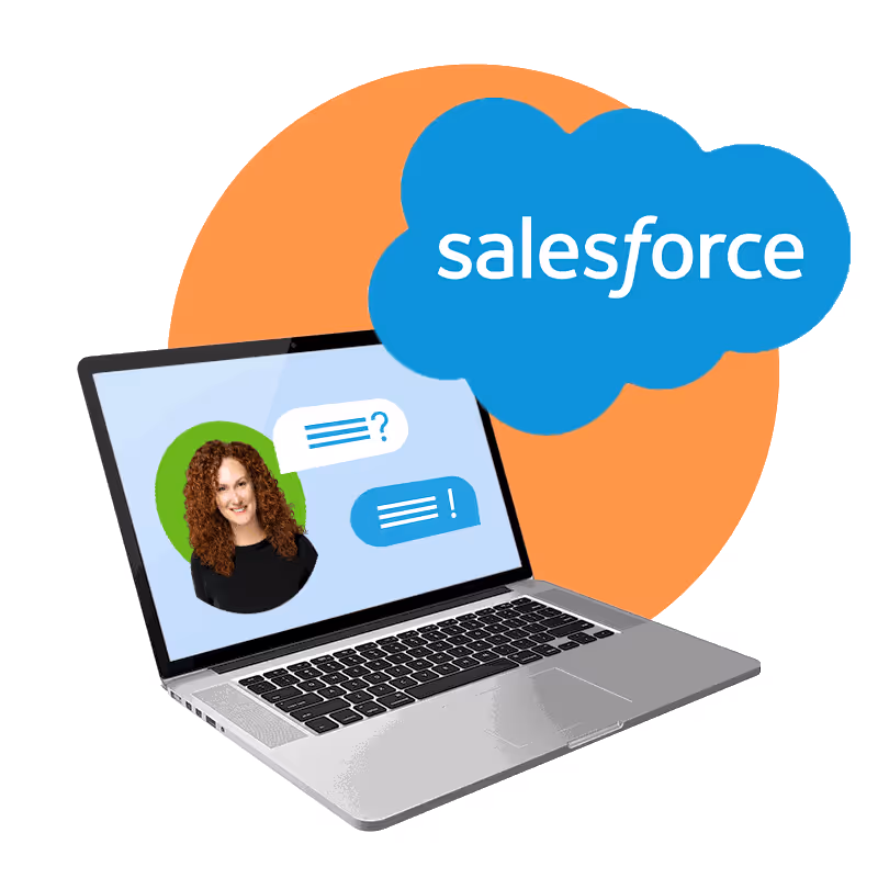 A computer with a headshot of Jeanie Scherbert headshot with a Salesforce logo. 