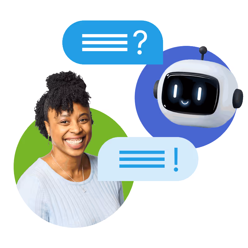Headshot of Kaila Dowdell and a robot with chat bubbles as if they are communicating. 