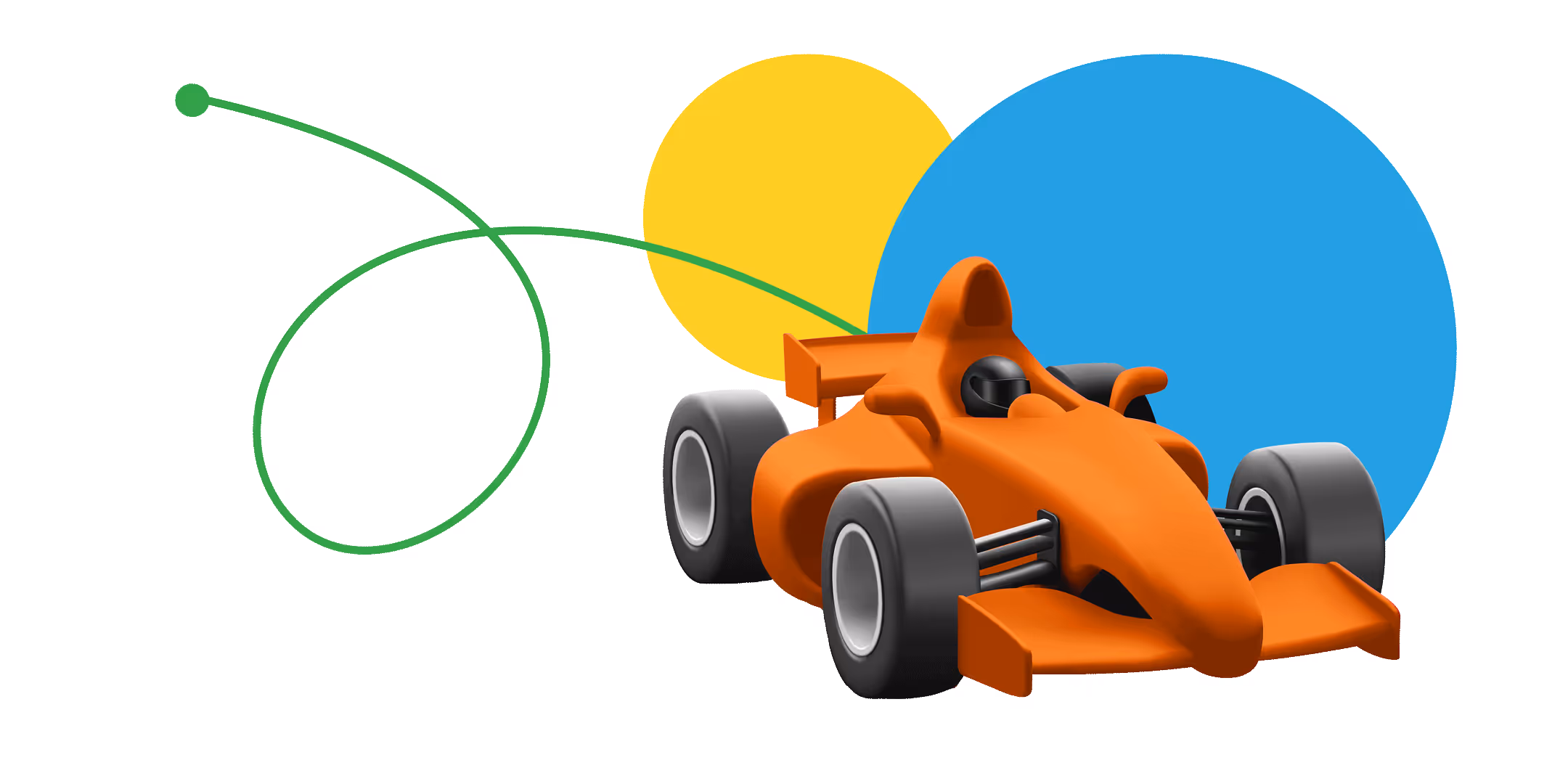 An orange race car with some colored circles behind it. 