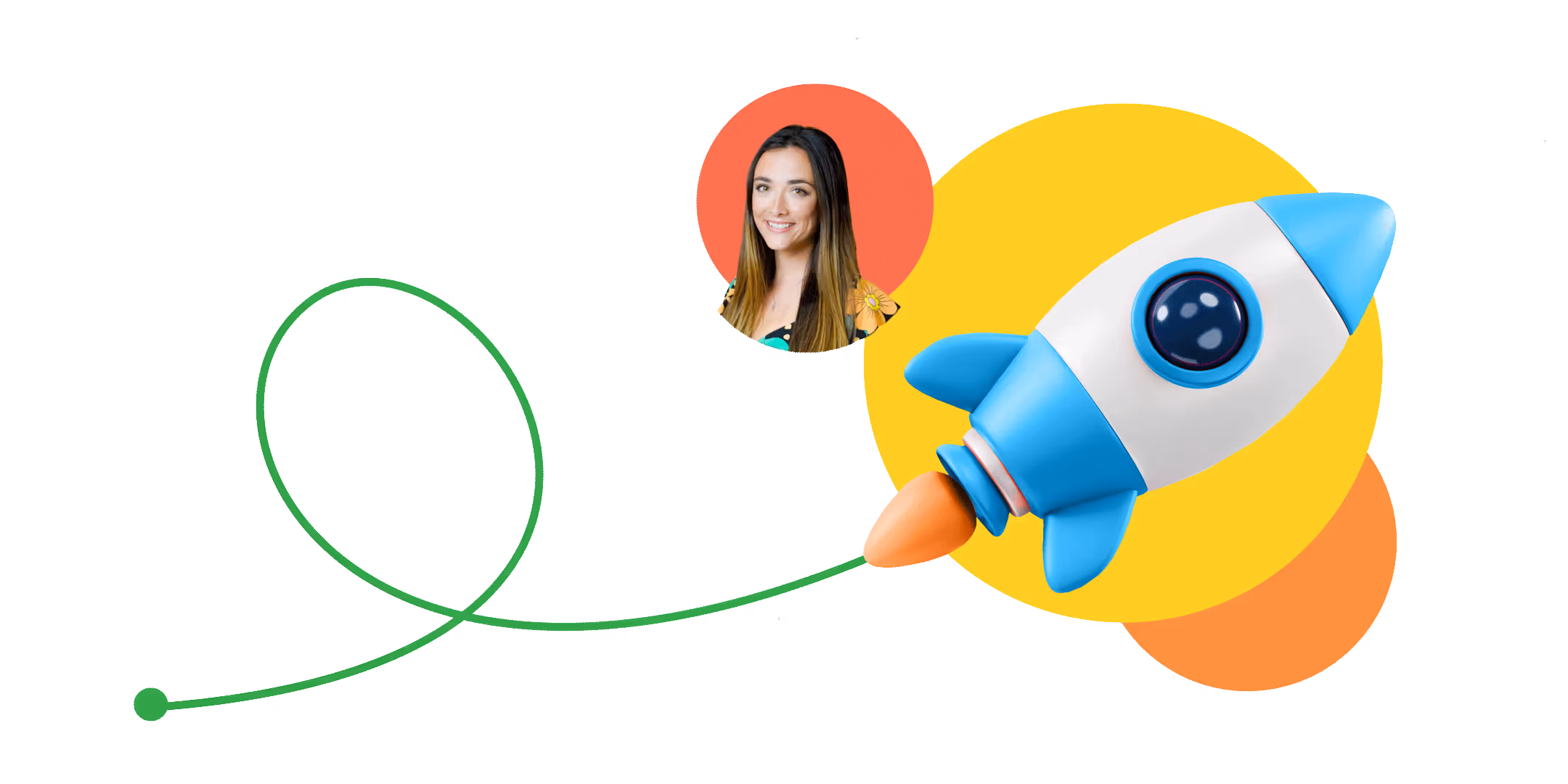 A rocket ship flying with a headshot of Sydney Knouf.