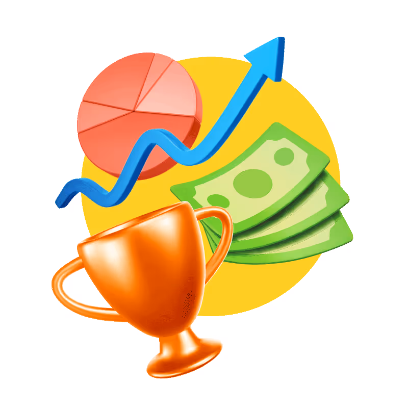 Yellow circle with trophy, money and graphs. 