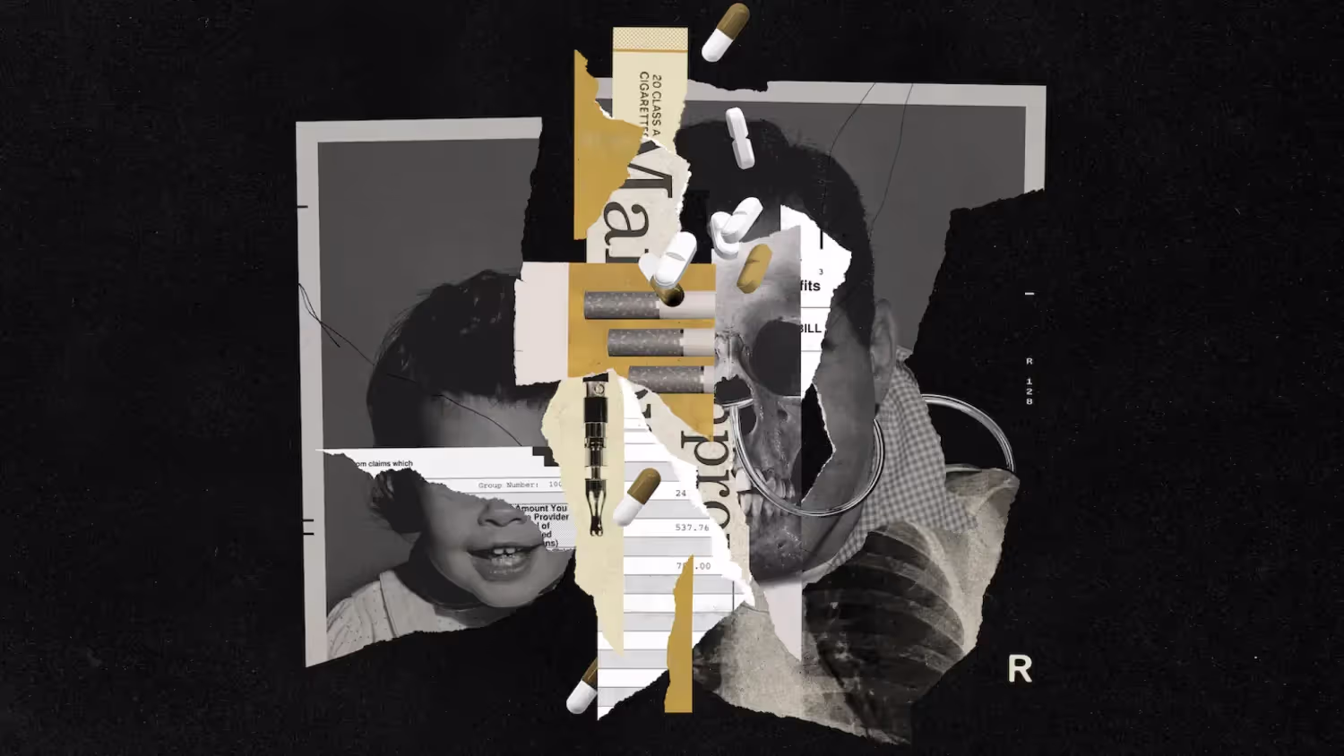 Anti-tobacco collage mixing medical bills, pills, and cigarette imagery with a skull overlay.