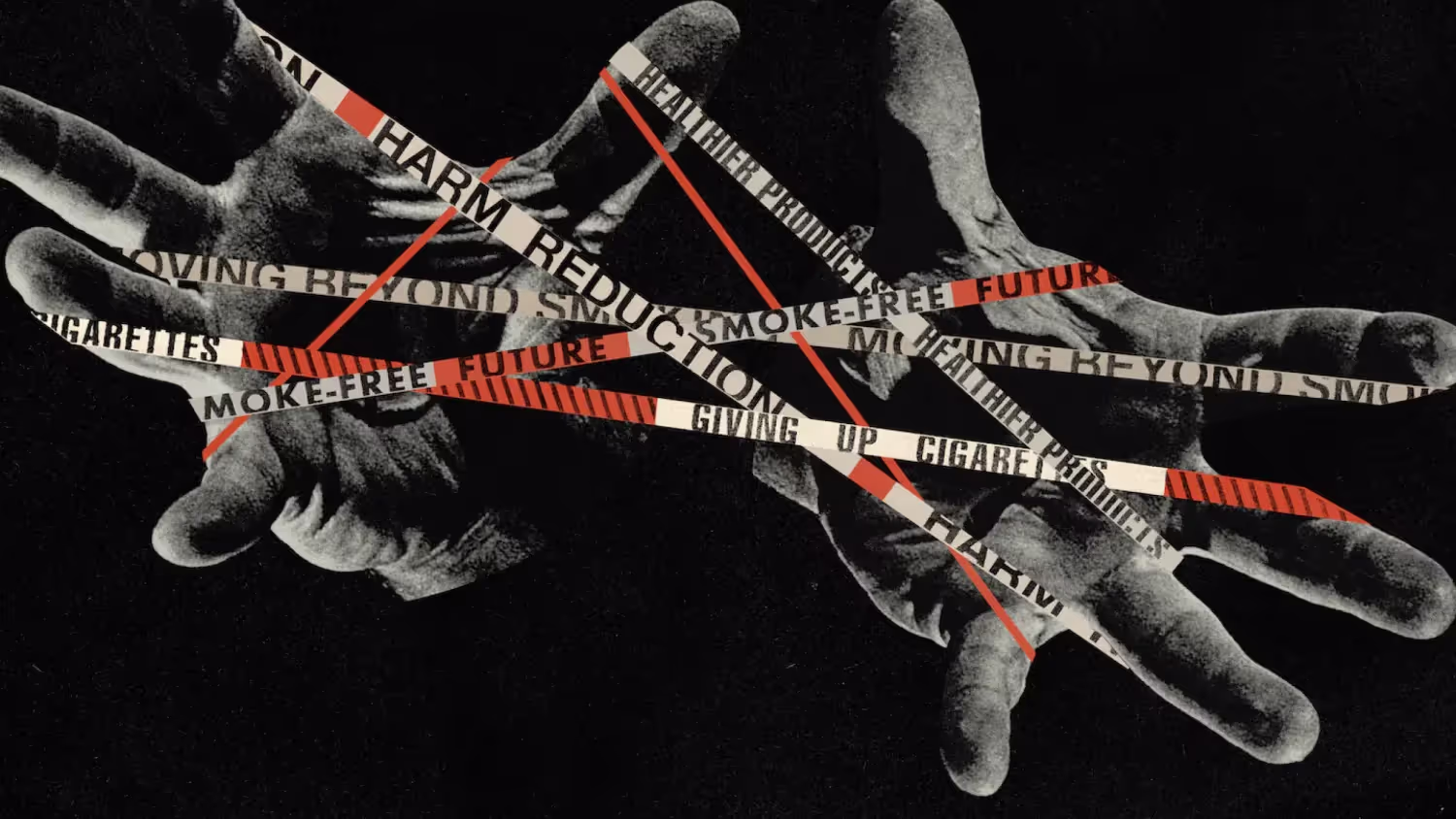 Black-and-white hands bound by strips of tobacco-industry slogans.