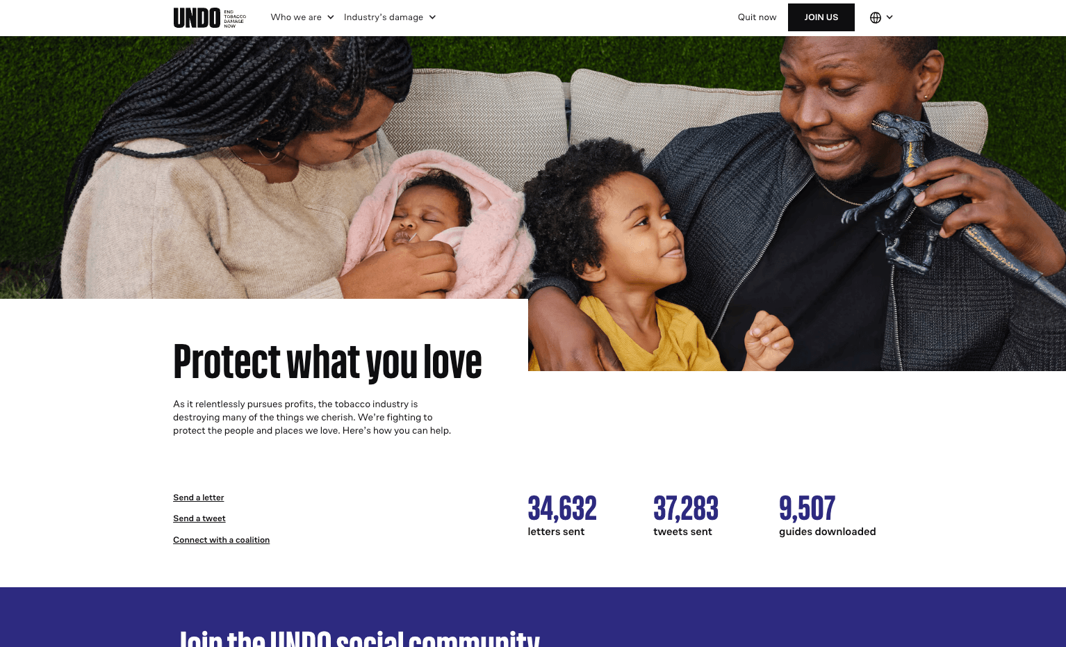 Screenshot of UNDO.org website showing actions taken by website users.