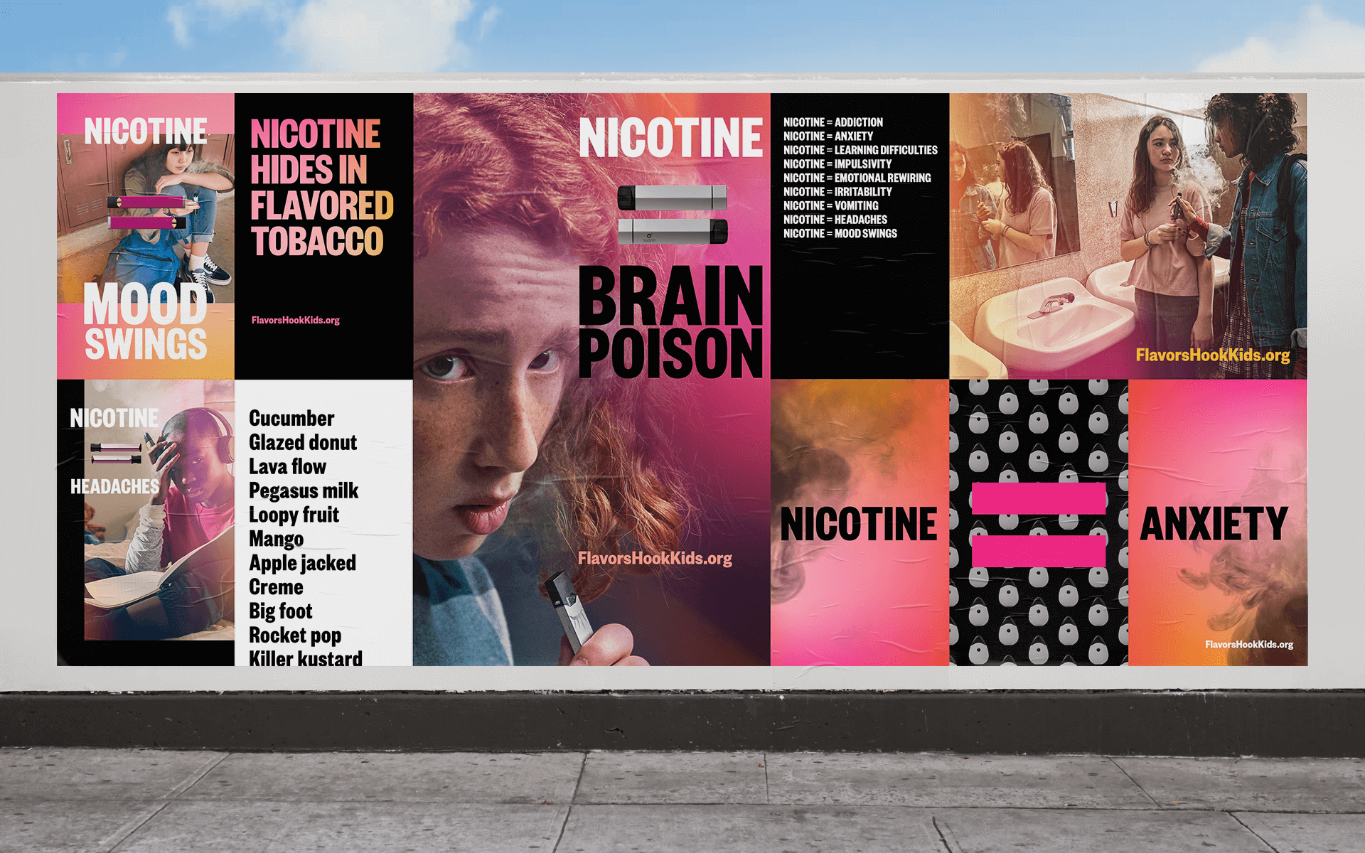 OOH wild posting of 'Nicotine = Brain Poison' ad campaign.