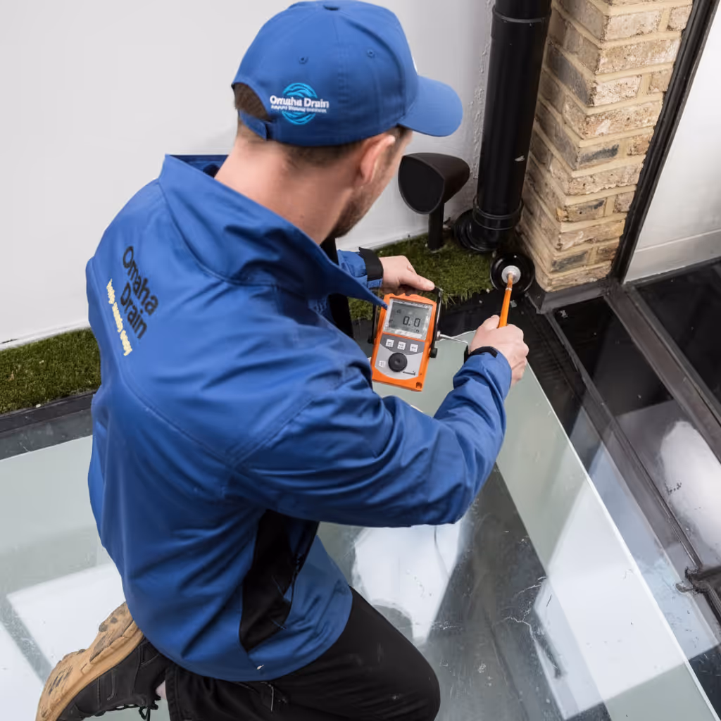 Technician using slab leak detection equipment on a concrete floor in an Omaha home