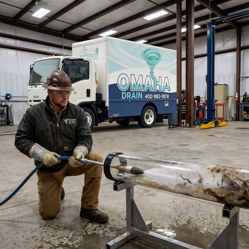 Omaha Drain technician performing hydro jetting on a residential sewer line