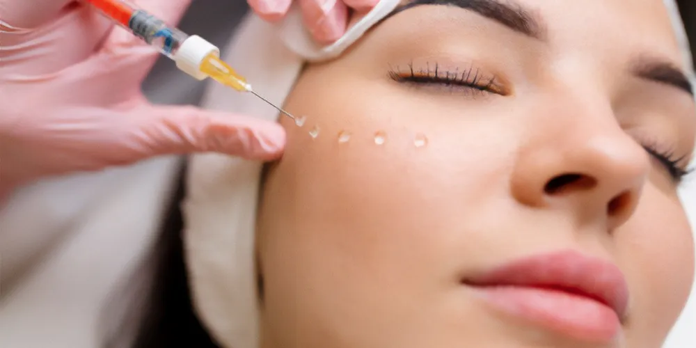 Close-up of a woman's face receiving small injections of skincare serum around the cheek area.