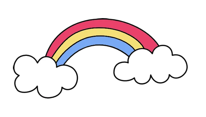 Illustration of a rainbow with three colored arcs—pink, yellow, and blue—arched over two white clouds.