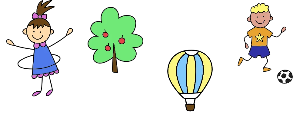 Colorful doodles of a smiling girl in a blue dress, a green tree with red apples, a blue and yellow hot air balloon, and a smiling boy kicking a soccer ball.