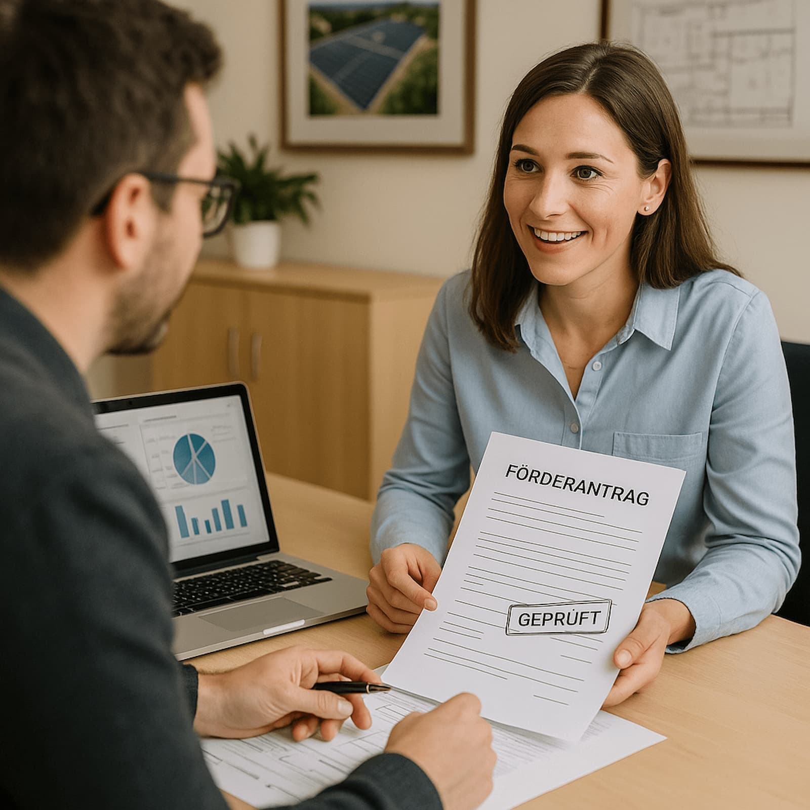 Beraterin zeigt einen geprüften Förderantrag im Büro