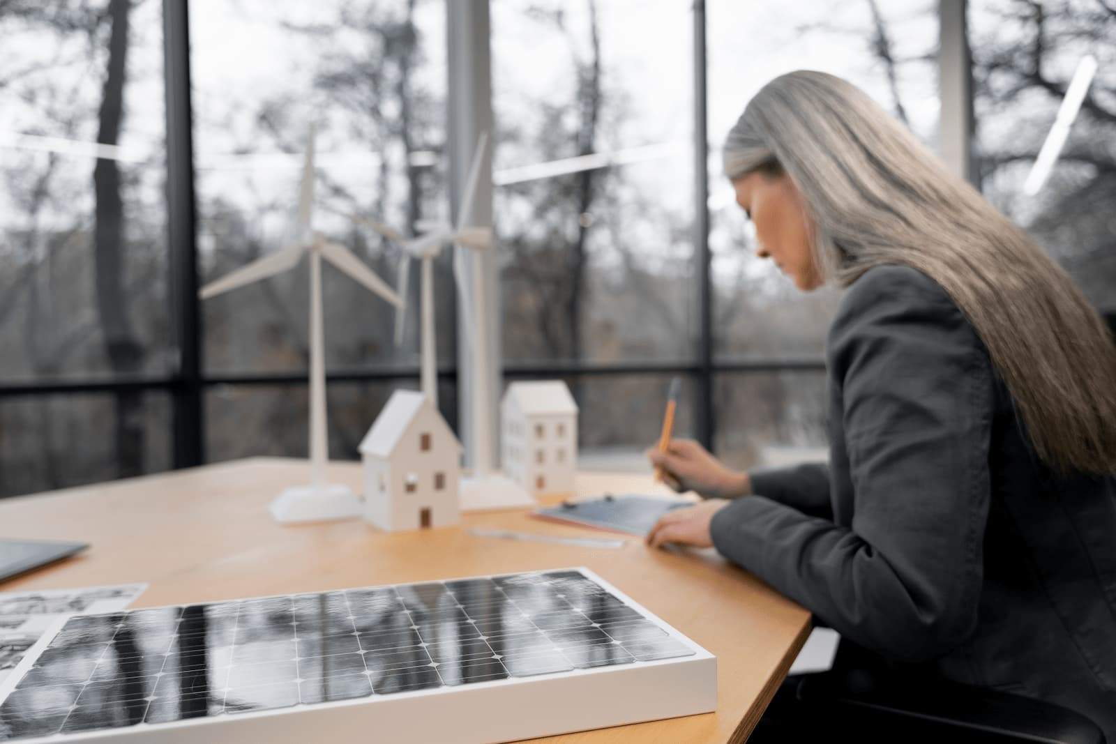 Kompetente Planerin bearbeitet Unterlagen eines Quartierspeichers