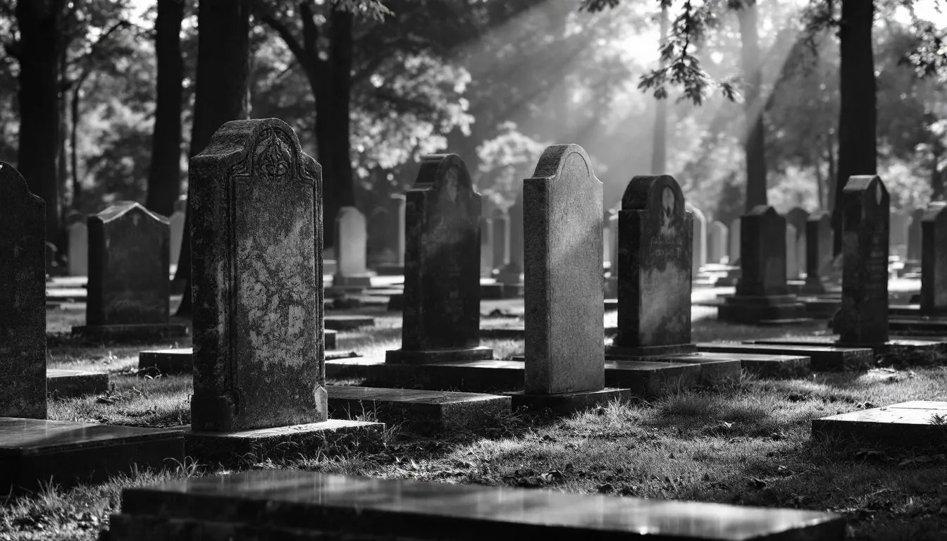 Lapidi in granito e in marmo in un cimitero.