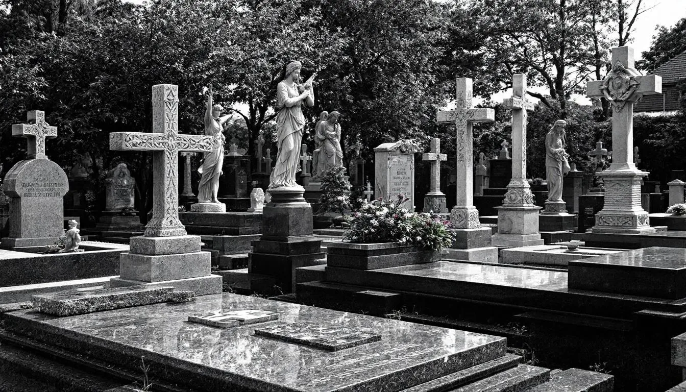 Croci e statue funerarie, simboli di memoria e rispetto.