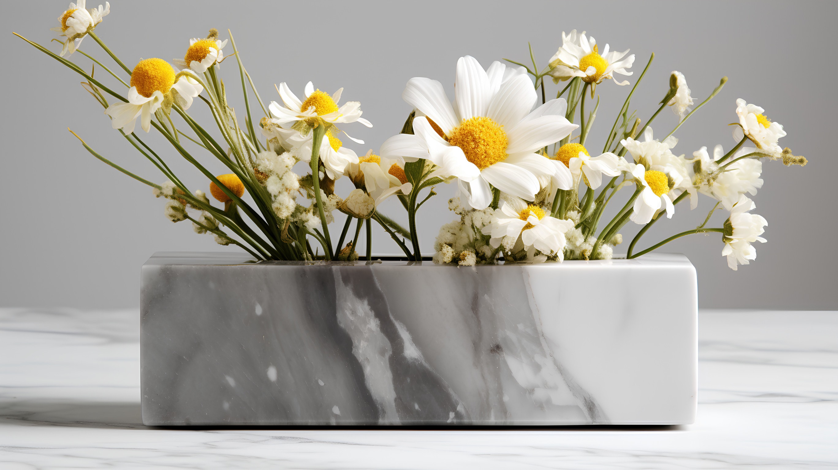 Un portafiori in marmo con margherite